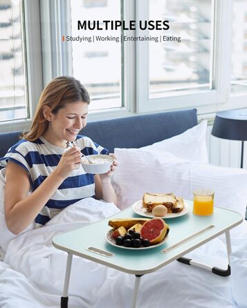 Складаний столик для ноутбука, портативний столик на колінах, приліжковий столик, підставка для ноутбука з тримачем для напоїв та слотом для планшета, з підйомним ручками для роботи, письма, малювання та їжі (Рожевий) (Блакитний)