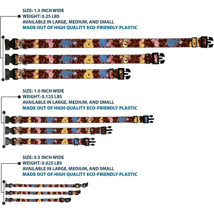 Нашийник Buckle-Down з пластиковим затискачем - Winnie The Pooh, ширина 2.5 см, розмір Medium, обхват шиї 28-43 см