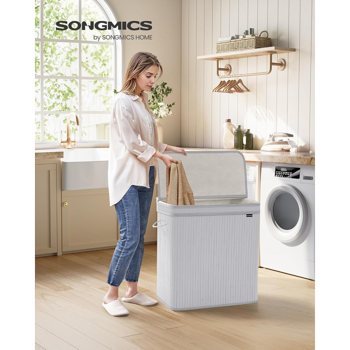 Бамбуковий кошик для білизни SONGMICS з кришкою, 150 л, знімний мішок, машинне прання, ручки, таубегрей, для ванної, спальні, вітальні