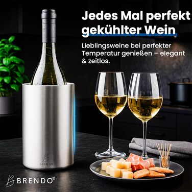 Охолоджувач для пляшок та шампанського Brendo Weinkühler Edelstahl - подвійний, ізольований, срібляний | Охолоджувач для вина, шампанського, белого вина | Подарунковий набір для чоловіків та жінок