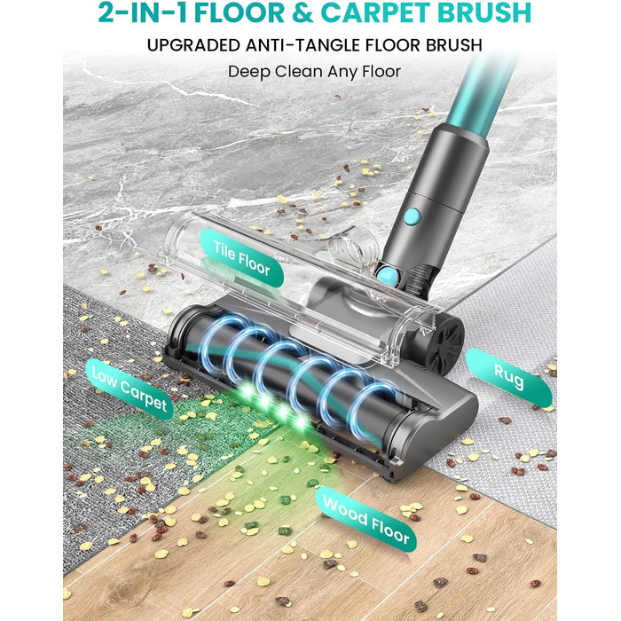 Бездротовий пилосос Dzaki 45000Pa з дисплеєм, антизаплутувальною насадкою та тривалою роботою для твердих поверхонь, килимів та шерсті тварин (блакитний)