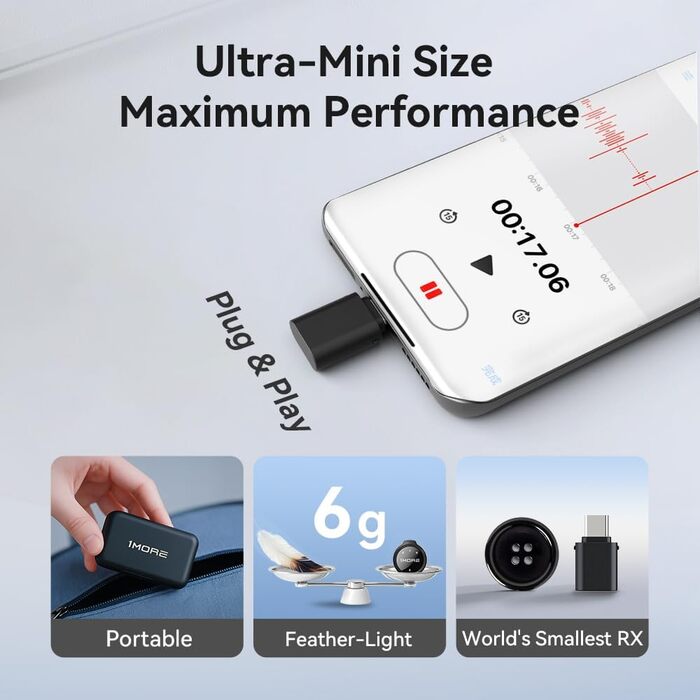 Мікрофон-лапка 1MORE бездротовий (2TX + 2 RX + кейс) для iPhone/Android/PC, шумозаглушення, 48kHz/24-Bit, 100м, 18год, відеозйомка, Vlog