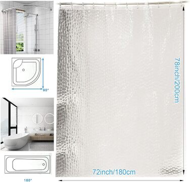 Шторка для душу AiQInu 180x200 см, 3D Eva, прозора, антигрибкова, водонепроникна, для ванної кімнати, з 12 гачками