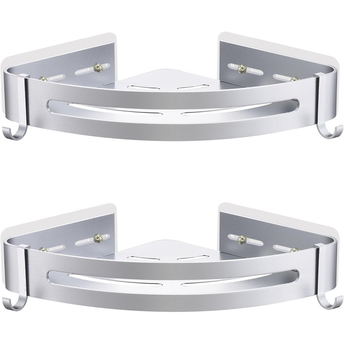 Поличка для душу без свердління, кутова поличка для ванної кімнати з алюмінію, трикутна корзина для душу з гачками, органайзер для шампуню, стійка до іржі (2 шт., піскоструминне золоте покриття) (Блискучий срібло)