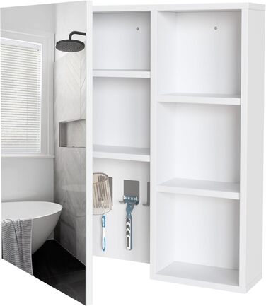 Bathroom cabinet with mirror, mirror cabinet for the bathroom wall-mounted with toothbrush holder and adjustable shelves, ventilation design, 65 x 15 x 65 cm, White