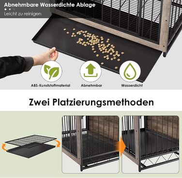 Дерев'яна собача будка/переноска для дому, 93x64x58 см, з піддоном та мисками, для собак середніх та маленьких порід (до 40 кг), білий/сірий колір