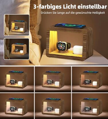 Багатофункціональна заряджна станція 5-в-1 з бездротовим зарядним пристроєм, світлодіодним нічником та годинником, бамбукова, сумісна з Apple Watch, AirPods, Samsung Galaxy та іншими пристроями