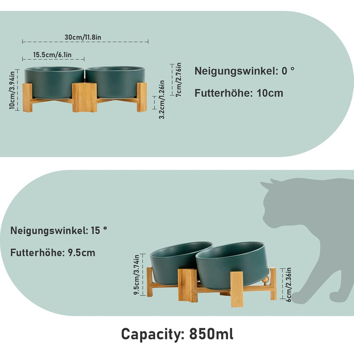 SpunkyJunky Adjustable Ceramic Dog Bowls - 2 Pack, 850ml, Green - Tiltable Pet Food Bowls for Dogs, Cats & Puppies with Bamboo Stand