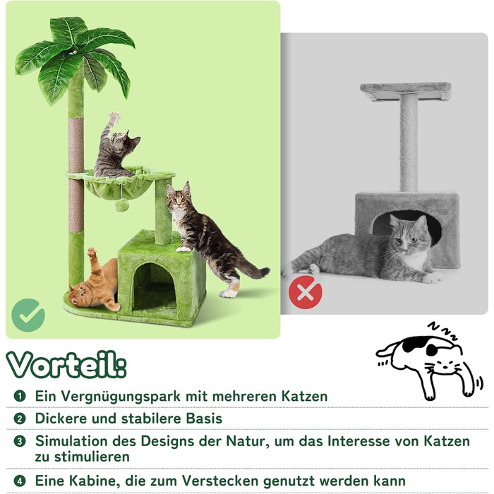 Zonema Kratzbaum-Kratzstamm Scratching Post with 80 cm Scratching Column for Small and Large Cats, Sisal Rope Cat Scratching Post with 1 Interactive Ball, Scratching Pole Cat Furniture, For Indoor Activity, Play (Cat Tree 110 cm tall, Green)