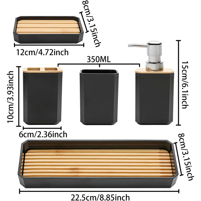 Набір аксесуарів для ванної кімнати FEILANDUO, 5 шт: дозатор для мила, мильниця, тримач для зубних щіток, стакан для зубної пасти, піднос для косметики, Бохо, чорний