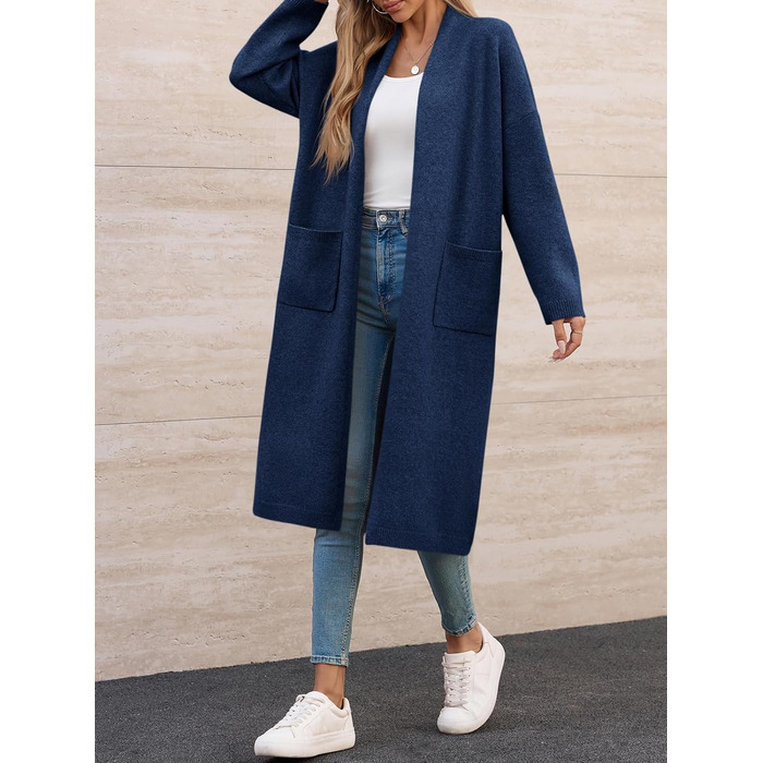 Жіноча в'язана жилетка Fisoew, довгий кардиган, великий розмір XL, відкритий фасон, з кишенями (темно-синій)