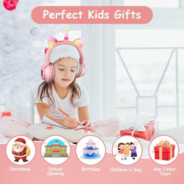 Дитячі навушники AXFEE з Bluetooth, котячі вушка, LED-підсвітка, Over-Ear, стерео, бездротові, з мікрофоном, Micro SD/TF, для телефону/планшета/ПК, рожеві