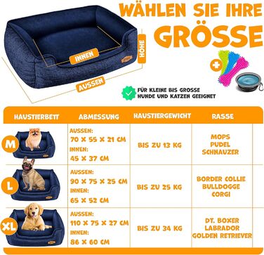 Lovpet® Dog Bed Dog Cushion Dog Basket Chiller, Incl. Bowl + 3X Chew Bones, Dog Sofa Cushion for Small, Medium & Large Dogs, Removable and Washable Cover, L 90 x 75 x 25 cm (M (70 x 55 x 21 cm), Navy Blue)