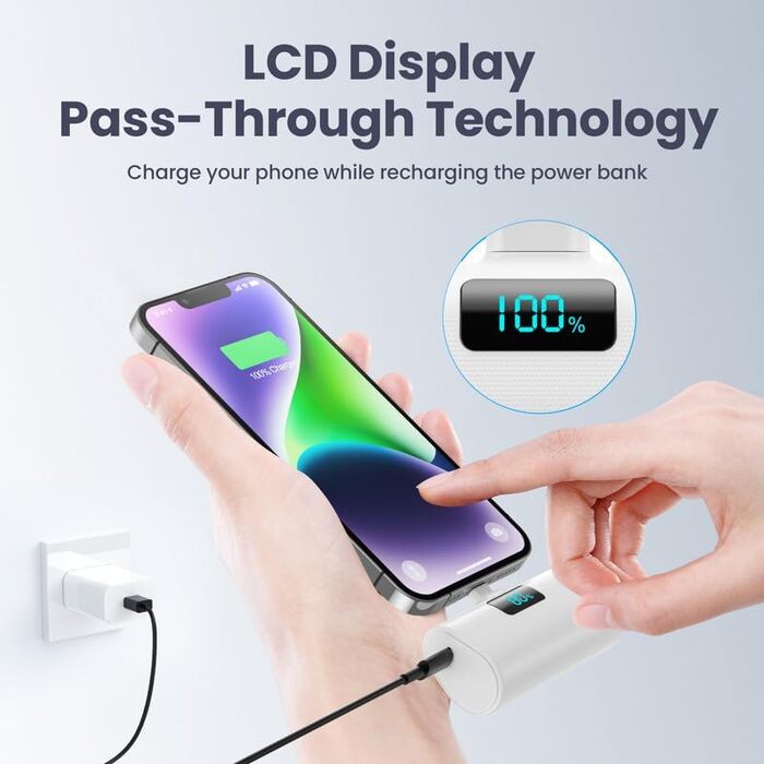 Портативний Power Bank 5200mAh з підтримкою PD 20W для iPhone. Компактний акумулятор з LCD-дисплеєм, сумісний з iPhone 14/13/12/11/XR/XS/8/7/6plus. Білий