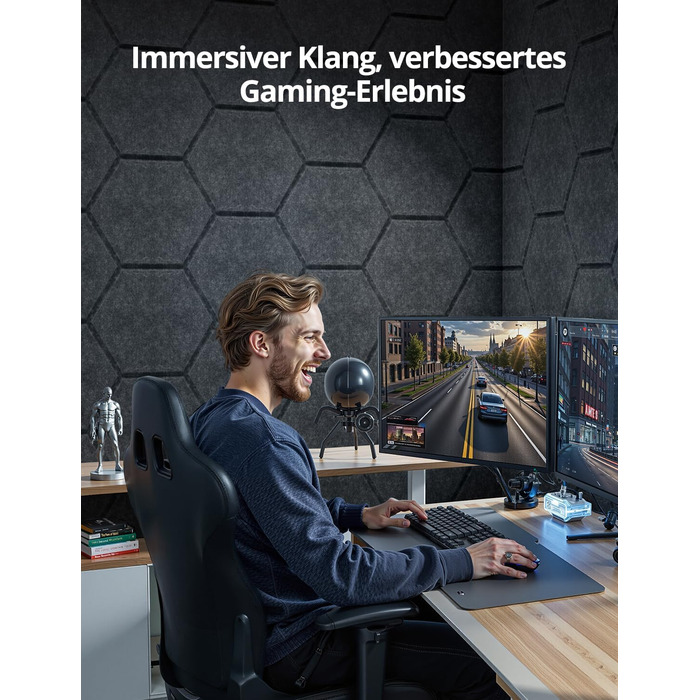 Акустичні гексагональні панелі самоклеючі для звукоізоляції, 12 шт, поглинач шуму для студії, вітальні, геймерської кімнати та офісу, 30 x 26 x 0,9 см (Темно-сірий)
