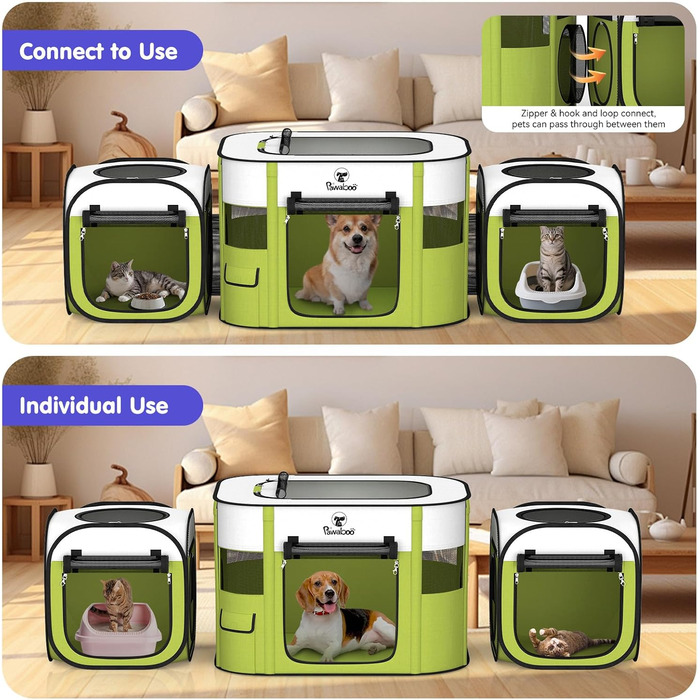 Pawaboo Розкладний вольєр для тварин, переносна клітка для собак та котів, зелений, 90x70x60 см (3-в-1)