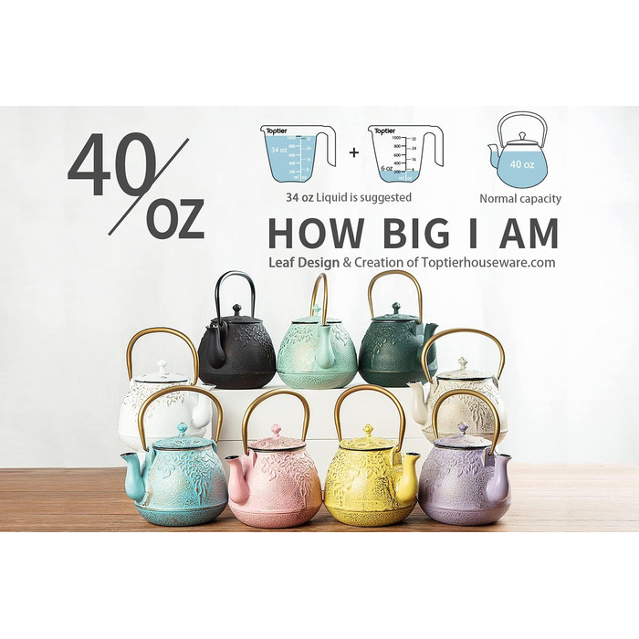 Чайник для плити преміум-класу, чавунний, з ситом для листового чаю, 1,5 л, чорний