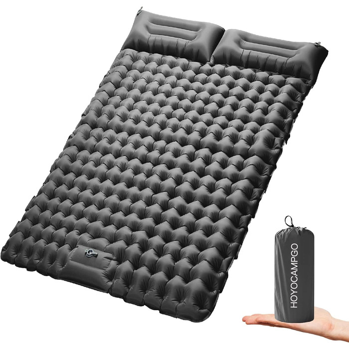 Каремат для кемпінгу на 2 особи Doppel - ультралегкий, 10 см, самонадувний, з помпою та подушкою. Ідеально для подорожей та відпочинку на природі. Сірий колір.