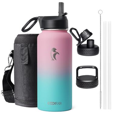 Термопляшка Coolflask 2л з соломинкою та 3 кришками, нержавіюча сталь, для спорту та офісу, герметична (Bubble Gum, 946 мл)