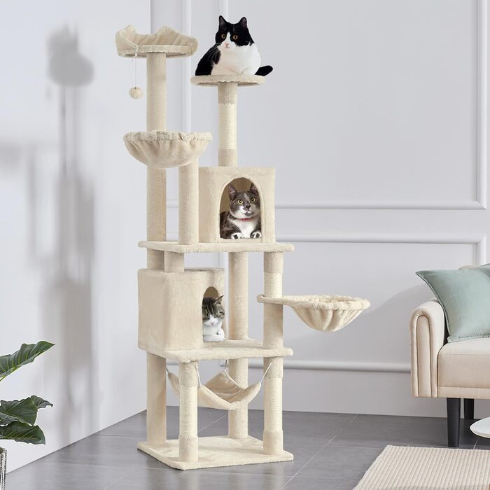 Кігтеточка Yaheetech XXL для котів, 175 см, для 3-4 котів, з платформами, гамаком, м'ячиком, бежева