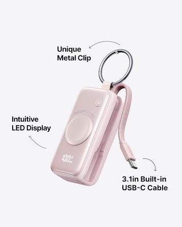 Power Bank INIU для Apple Watch, 5000mAh, вбудований кабель, LCD-дисплей, сумісний з iWatch 10/9/8/Ultra2/Ultra/SE, iPhone 16/15, рожевий