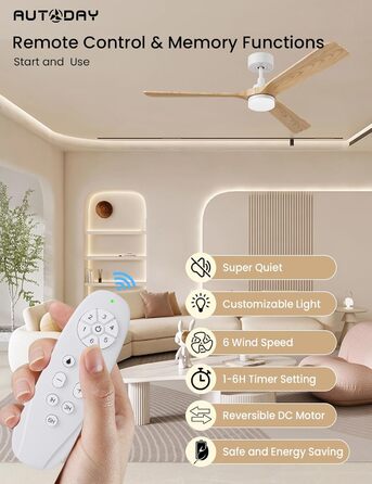 Стеляний вентилятор Holz з підсвічуванням, тихий DC-двигун, 90 см, для вулиці, 3 дерев'яні лопаті, регульоване LED-освітлення 24W, пульт з пам'яттю, 6 швидкостей, таймер (дерево, 52 дюйми)