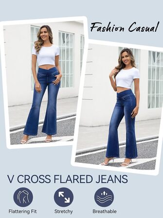 Жіночі джинси Bootcut VX VONXURY з високою посадкою, темно-сині, еластичні, розкльошені, 4 кишені, на кожен день та в офіс, розмір 31