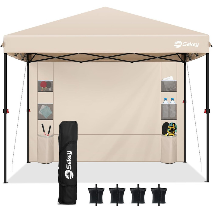Sekey One-Touch Pop-Up Pavilion 3x3 Waterproof Stable Winter-Proof, Folding Pavilion 3x3m with Thickened Tubes, Party Tent Pavilion Foldable for Camping Festival Party, (Khaki, with Back Wall)