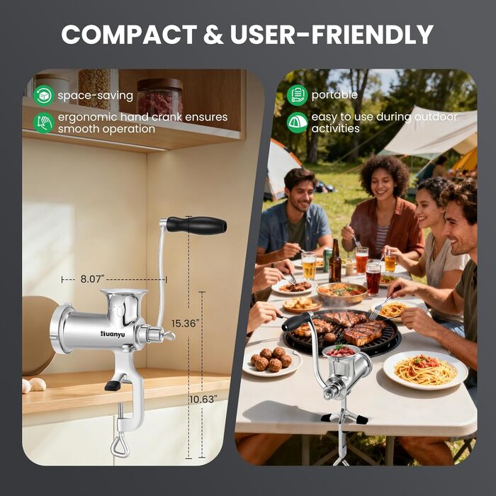 М'ясорубка ручна Huanyu з нержавіючої сталі та насадкою для ковбас, 10 розмір, посудомийна