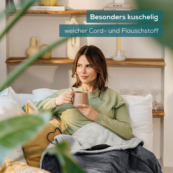 Електрична ковдра Beurer HD 75 з перероблених матеріалів, 180x130 см, 6 температурних режимів, автоматичне вимкнення, Cord Dark Grey