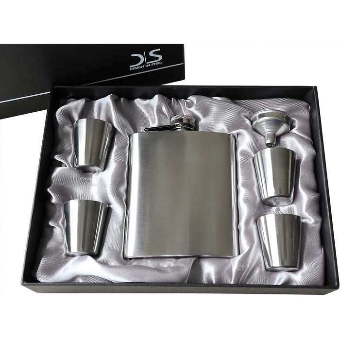 Набір фляга з воронкою та 4 шт. склянок для шнапсу об'ємом 3cl – подарункова коробка, фляга 7 oz (207ml)