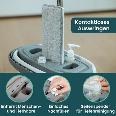 Набір для прибирання підлоги WONDERHOME TripleClean Hydro: відро з 3 камерами, розділення чистої і брудної води, моп із віджимом, класична модель з подовженою 140 см ручкою