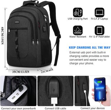 Чорний рюкзак YAMTION для чоловіків та жінок, унісекс, підійде для підлітків, хлопчиків та дівчаток. Вміщує ноутбук 17.3 дюйми. Ідеальний для університету, школи, роботи, офісу. З USB-портом.