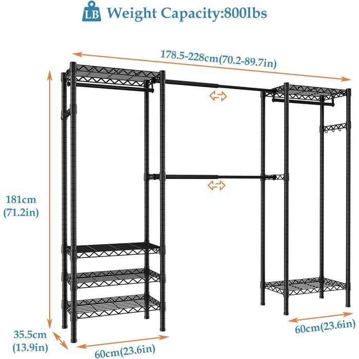 Розширюваний вішак для одягу, металева штанга для одягу, важкий металевий вішак для одягу з гачками, чорний (70.3-89.8” x 14” x 71.3”)