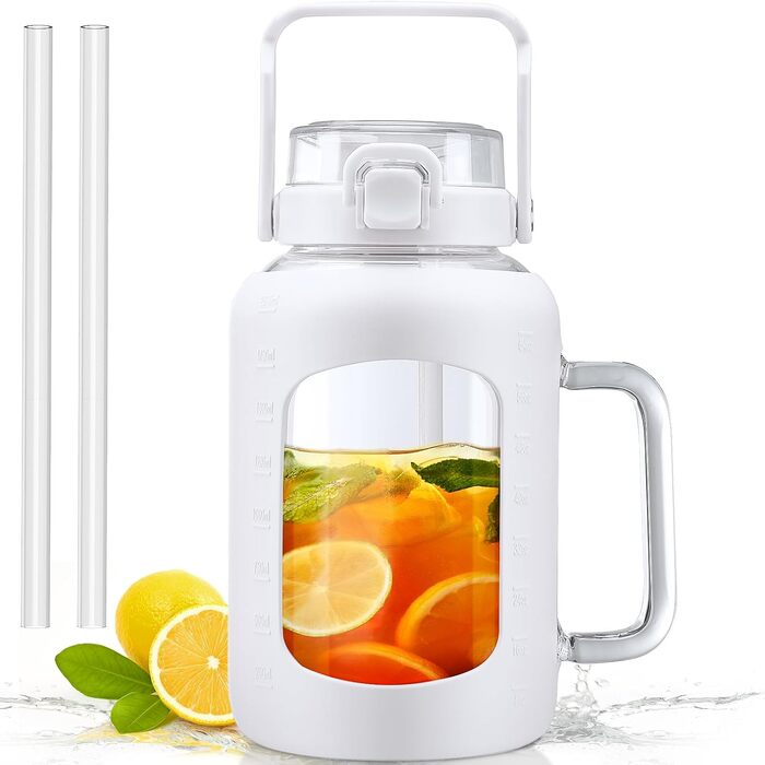 2 Liter Glass Water Bottle with Handle, 2L Glass Pitcher with Straw and Lid, Motivational Sports Water Jug with Time and Volume Markings, Leak-Proof, Light Green (White, 1800 ml)