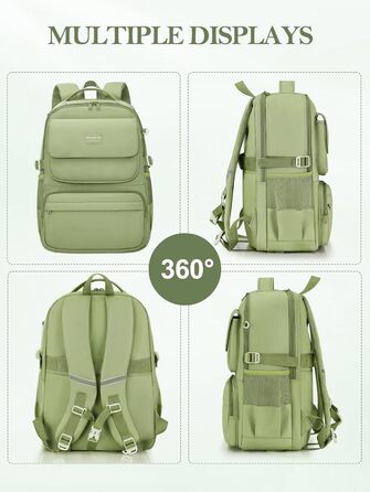 Шкільний рюкзак FIORETTO для дівчаток-підлітків, жіночий, з відділенням для ноутбука 15.6', водонепроникний, легкий, 25L, для школи та подорожей (зелений)