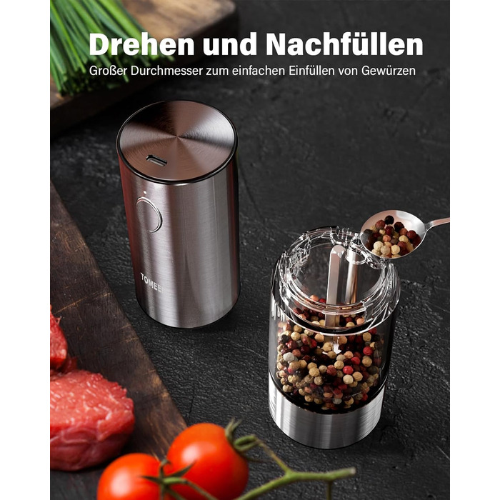 Електричні перечниці та солінки 2 в 1 з нержавіючої сталі, акумуляторні, з LED-підсвічуванням та регульованим керамічним жорном, з щіткою для чищення