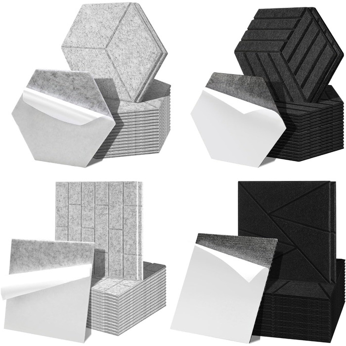 Акустичні гексагональні панелі Fiqops самоклеючі, звукопоглинаючі шестикутні плити для стін (чорні, 30x26x0.9 см), 18 шт — для студії та дому