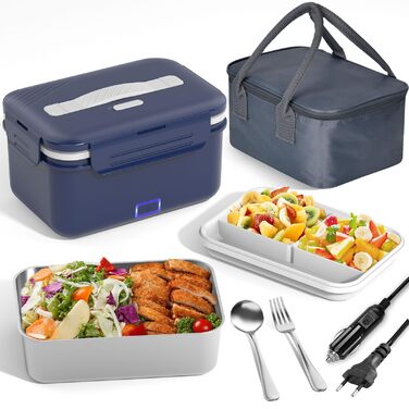 Електрична ланчбокс 100W для дорослих, 3-в-1, 12/24/220V з термоізоляцією, Besteck та ізольованою сумкою, 1.8L, для авто, офісу, синій