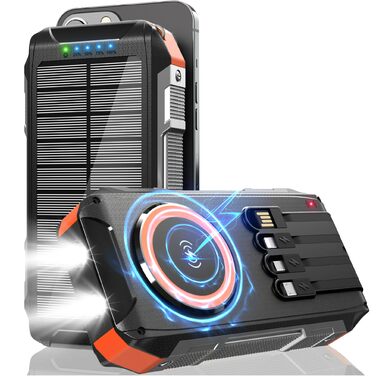 Сонячний Power Bank 26800mAh з 4 кабелями, 30W, Магнітний, USB-C, 7 портів, Ліхтар, для телефону, планшета, кемпінгу