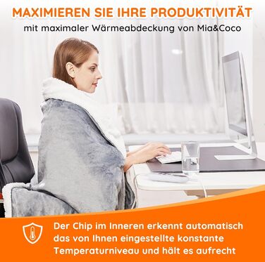 Електрична ковдра Mia&Coco з автовимкненням 180x130 см, 10 рівнів нагріву, таймер 9 годин, захист від перегріву, машинне прання, фланель, для ліжка, дивану та вітальні, сіра 130x180 см