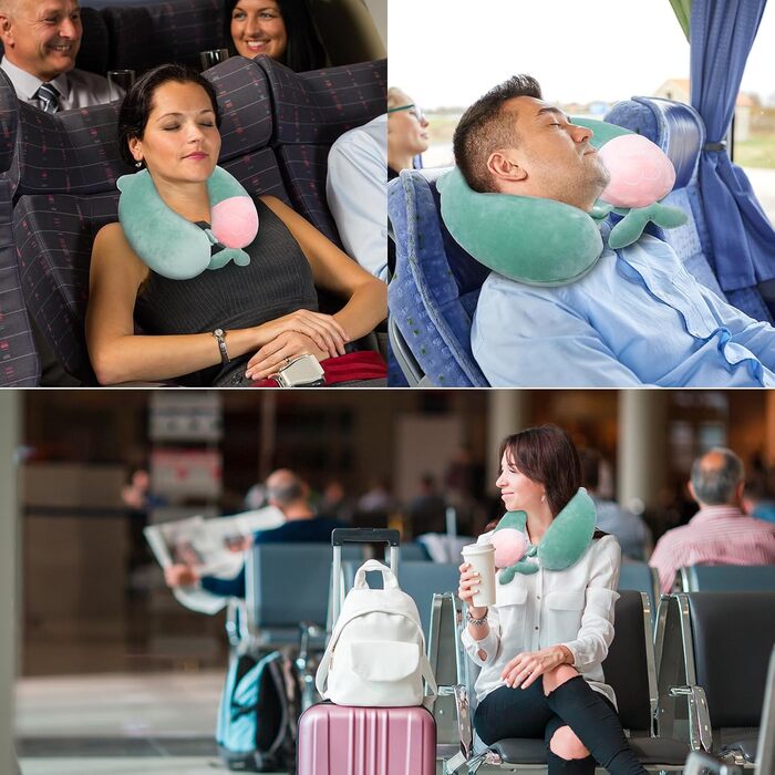 Подушка для шиї дитяча та доросла, у вигляді тваринки, 33x30 см, Memory Foam, для подорожей, літака (зелена)