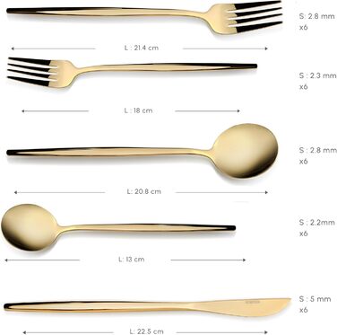 Karaca Orion Shiny Gold 30-Piece Cutlery Set - Knives, Forks, Spoons, Cake Forks, Stainless Steel, Dining Cutlery Tableware Set - Healthy and Hygienic, Modern Design