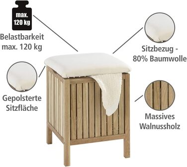 WENKO Badhocker Norway with Laundry Hamper, Storage Bench with Upholstered and Flip-Up Seat as Lid, Solid Walnut Wood, Oiled, Capacity 65 L, (W x H x D): 39 x 52 x 39 cm, Natural