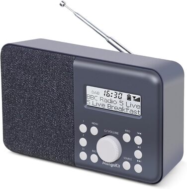 Портативне радіо MD3 DAB/DAB+/FM з Bluetooth, динамік, навушники, 40 станцій, годинник, будильник, таймер, кольоровий дисплей, акумулятор/мережа (Чорний/Сірий)