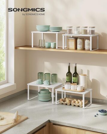 SONGMICS Spice Rack, 4-Piece Set, Kitchen Shelf, Kitchen Organizer, Expandable, Spice Holder, Stackable, with Metal Frame, 19.5 x 29.7 x 15.8 cm, Ink Black-Natural Beige KCS10NB (Cloud White + Snow White, 29.7B cm)