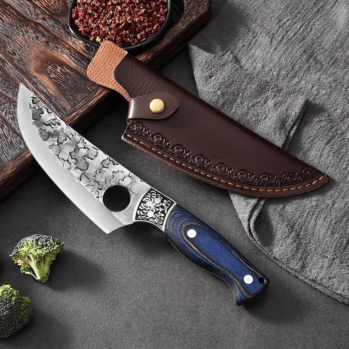 Японський ніж для обробки м'яса Doklasu, ручної роботи, full tang, з високоякісної сталі 5Cr15MoV, з червоним дерев'яним руків'ям та піхвою (15 см)