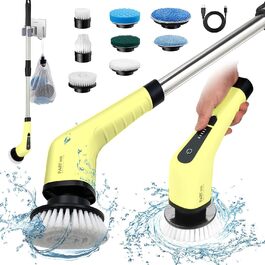 Electric Cleaning Brush, FARI Shower Cleaning Brush with 8 Interchangeable Drill Brush Heads, Cordless Scrubber with Adjustable Handle, Bathroom and Shower Cleaner (Yellow)