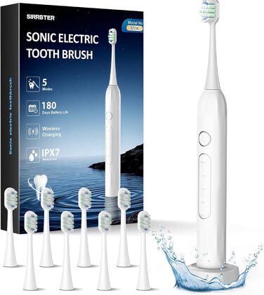 Електрична зубна щітка зі звуковими вібраціями, 5 режимів, таймер 30с, для відбілювання зубів за 2 тижні, 8 змінних насадок з м'якою 3D-щіткою, IPX7, 8 насадок