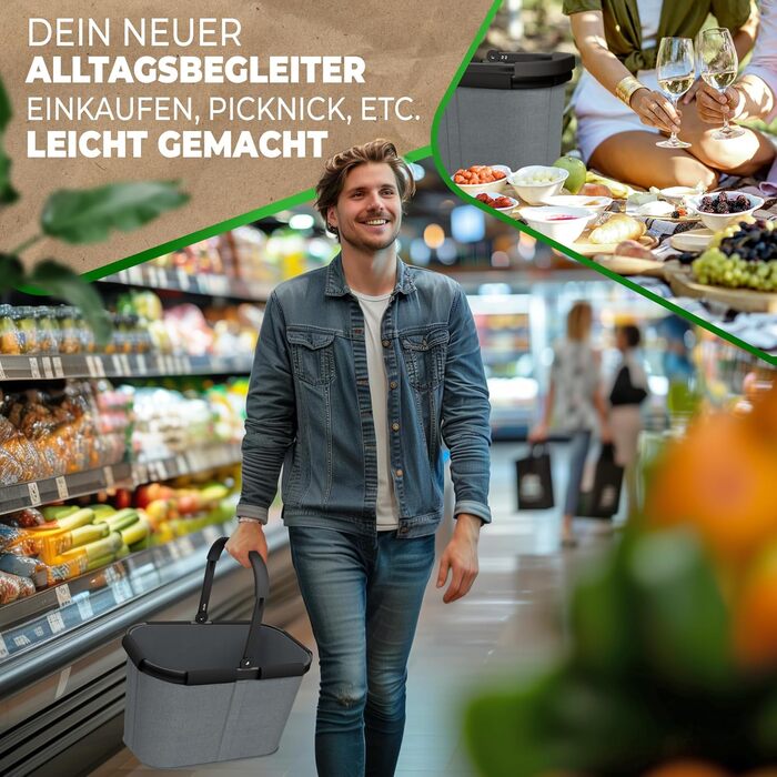 Великий стабільний кошик для покупок | Кошик-сумка з ручками та посиленим дном, передньою кишенею та внутрішньою кишенею на блискавці | Ідеально як сумка для покупок, кошик для пікніка або шопер (Сірий)